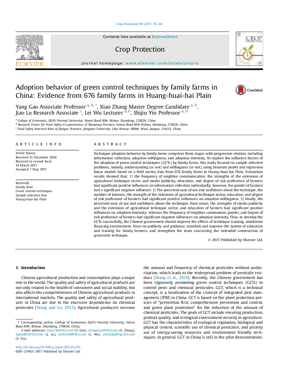 Adoption behavior of green control techniques by family farms in China: Evidence from 676 family farms in Huang-huai-hai Plain