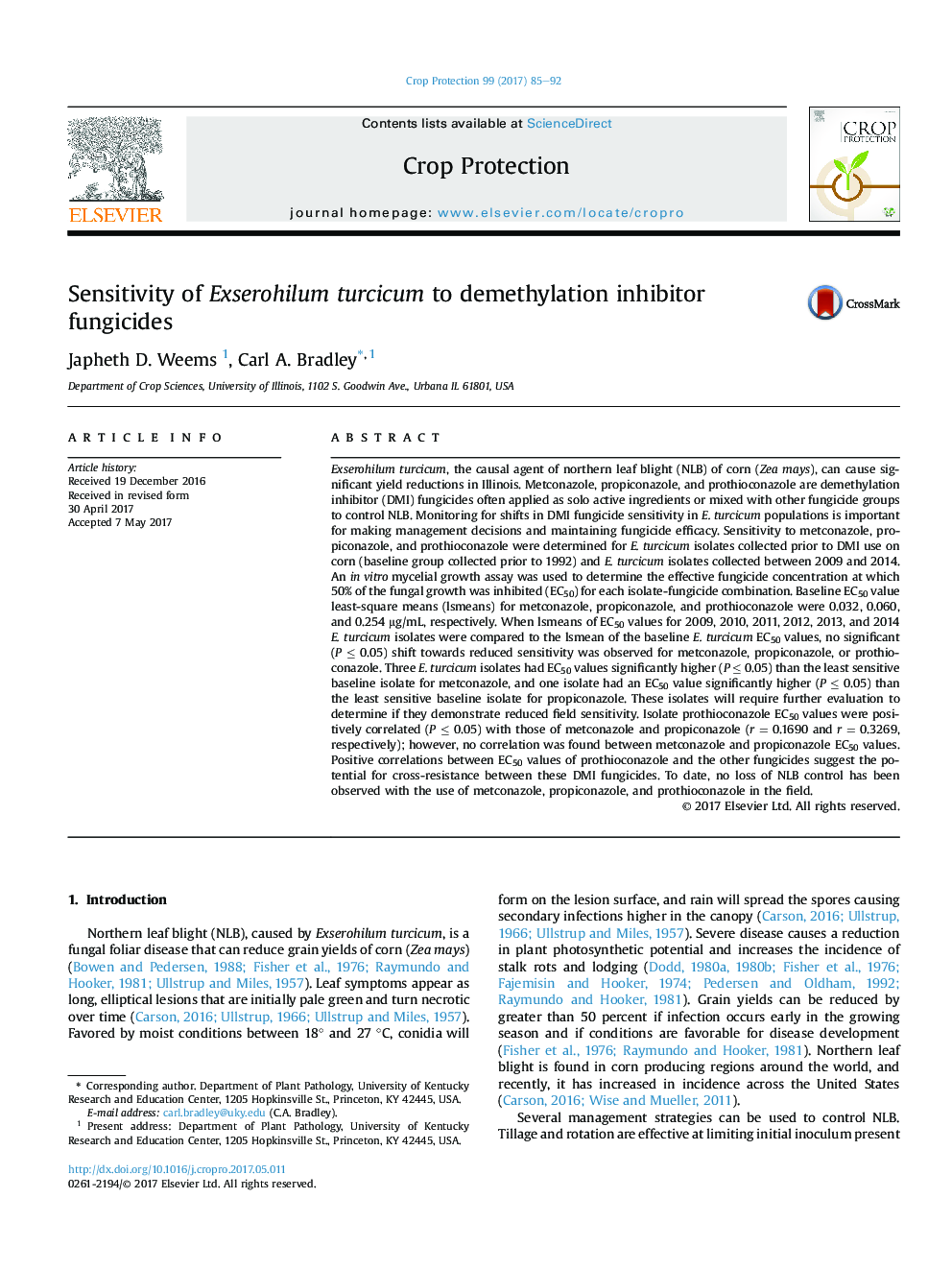 Sensitivity of Exserohilum turcicum to demethylation inhibitor fungicides