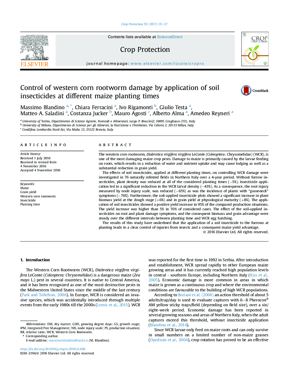 Control of western corn rootworm damage by application of soil insecticides at different maize planting times