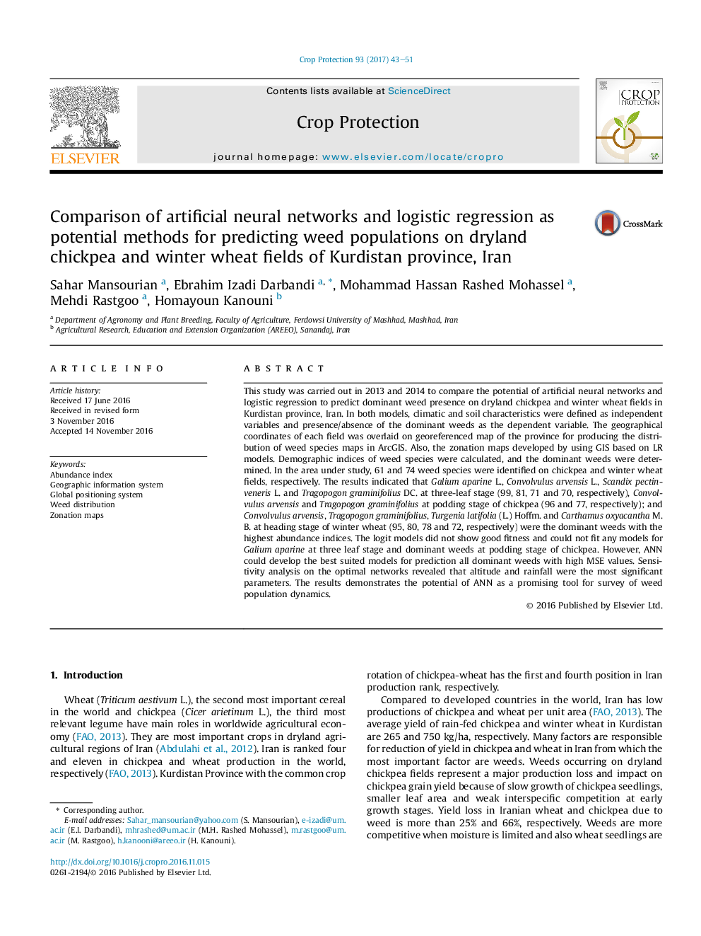 Comparison of artificial neural networks and logistic regression as potential methods for predicting weed populations on dryland chickpea and winter wheat fields of Kurdistan province, Iran