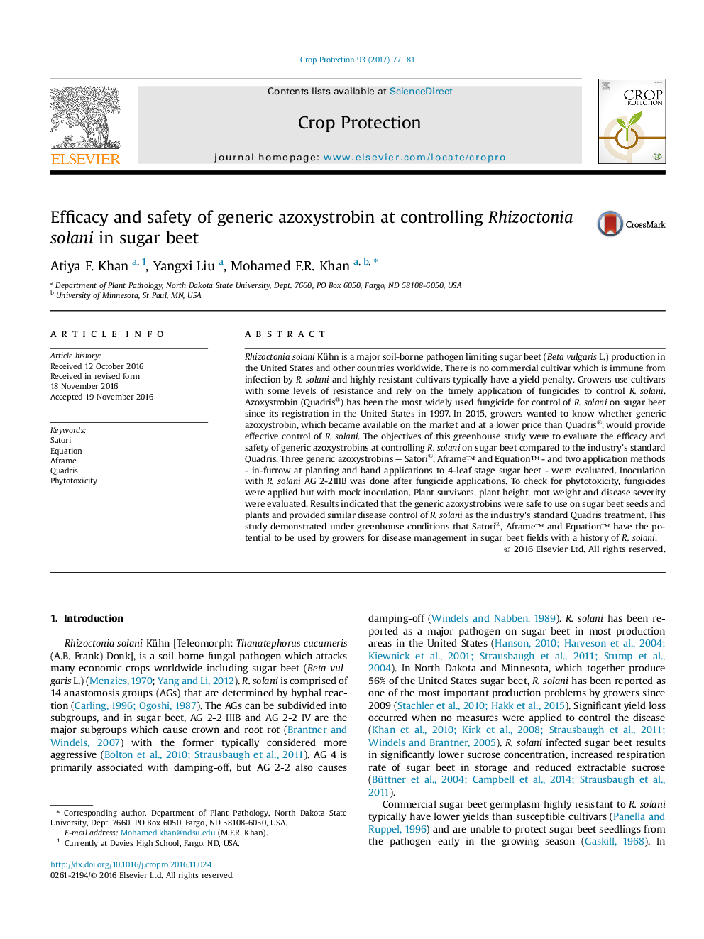 Efficacy and safety of generic azoxystrobin at controlling Rhizoctonia solani in sugar beet