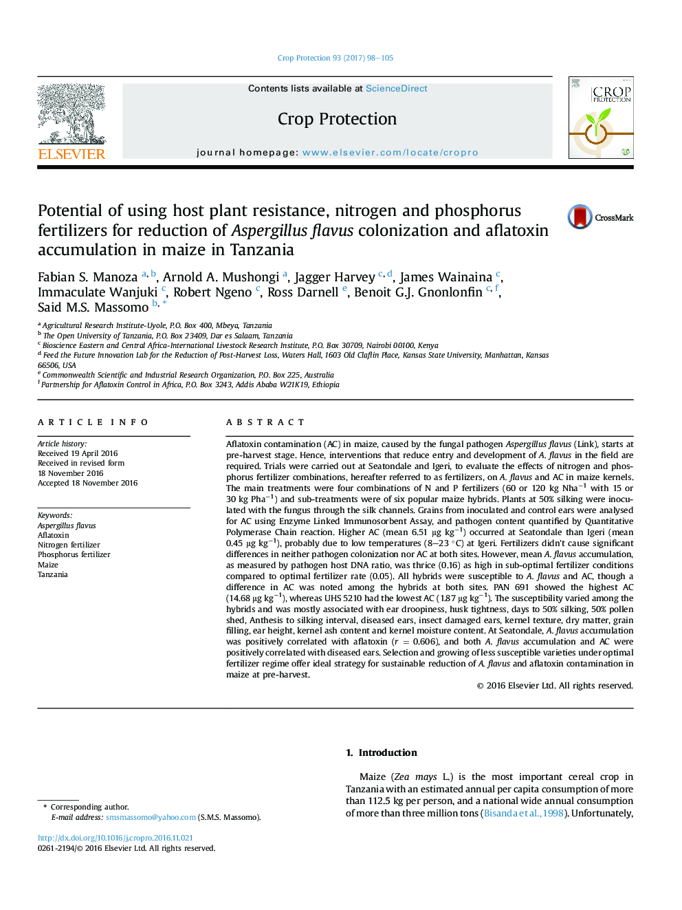 Potential of using host plant resistance, nitrogen and phosphorus fertilizers for reduction of Aspergillus flavus colonization and aflatoxin accumulation in maize in Tanzania