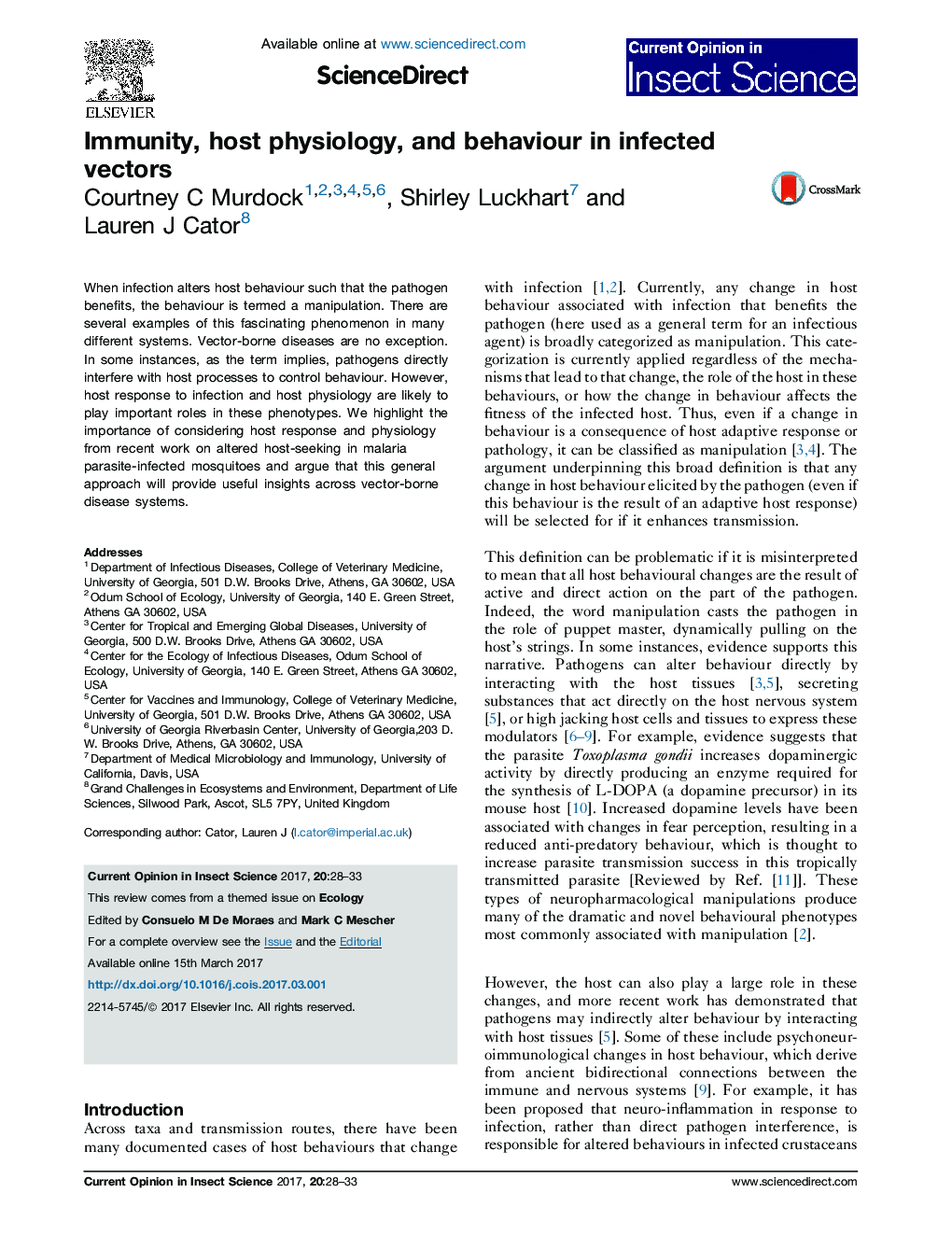 Immunity, host physiology, and behaviour in infected vectors