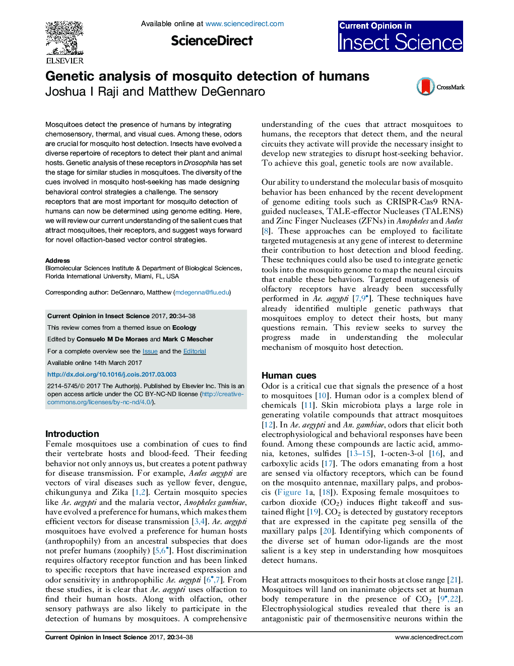 Genetic analysis of mosquito detection of humans