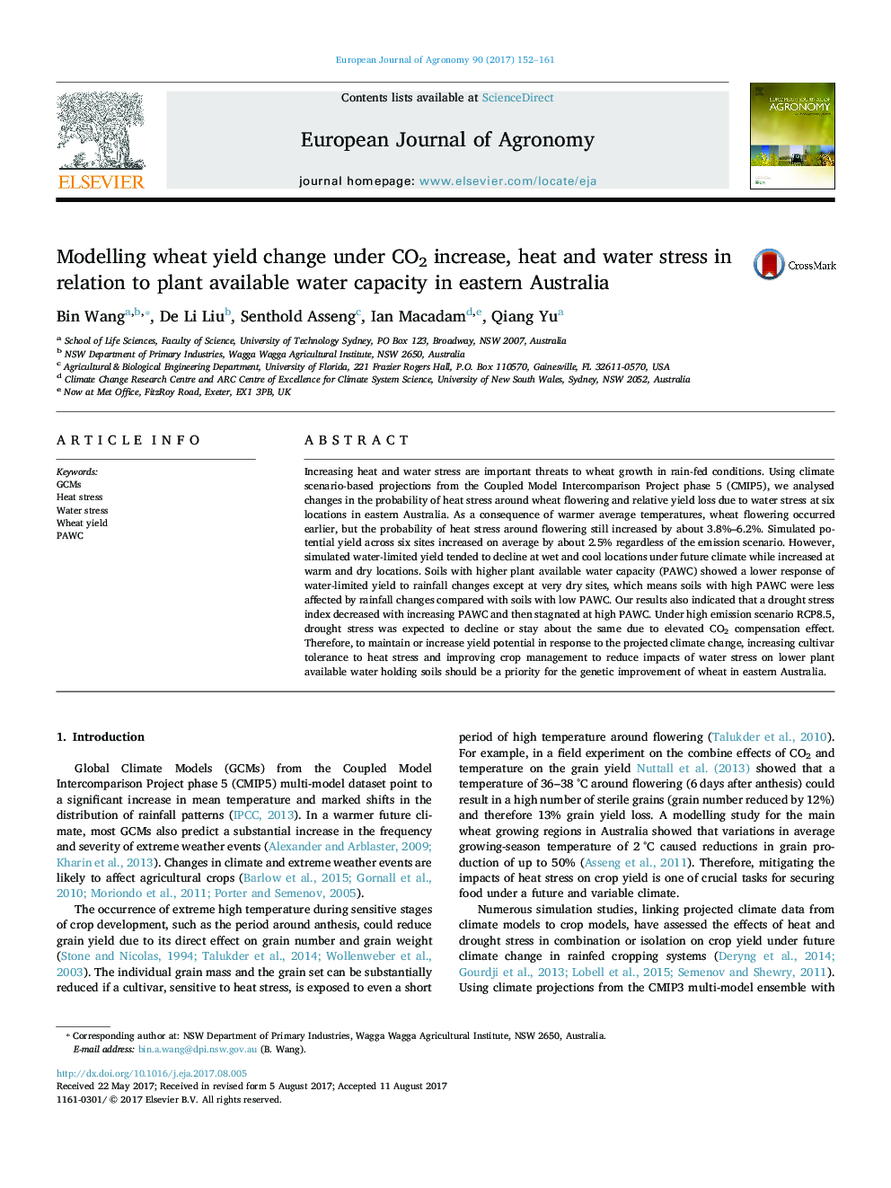 Modelling wheat yield change under CO2 increase, heat and water stress in relation to plant available water capacity in eastern Australia