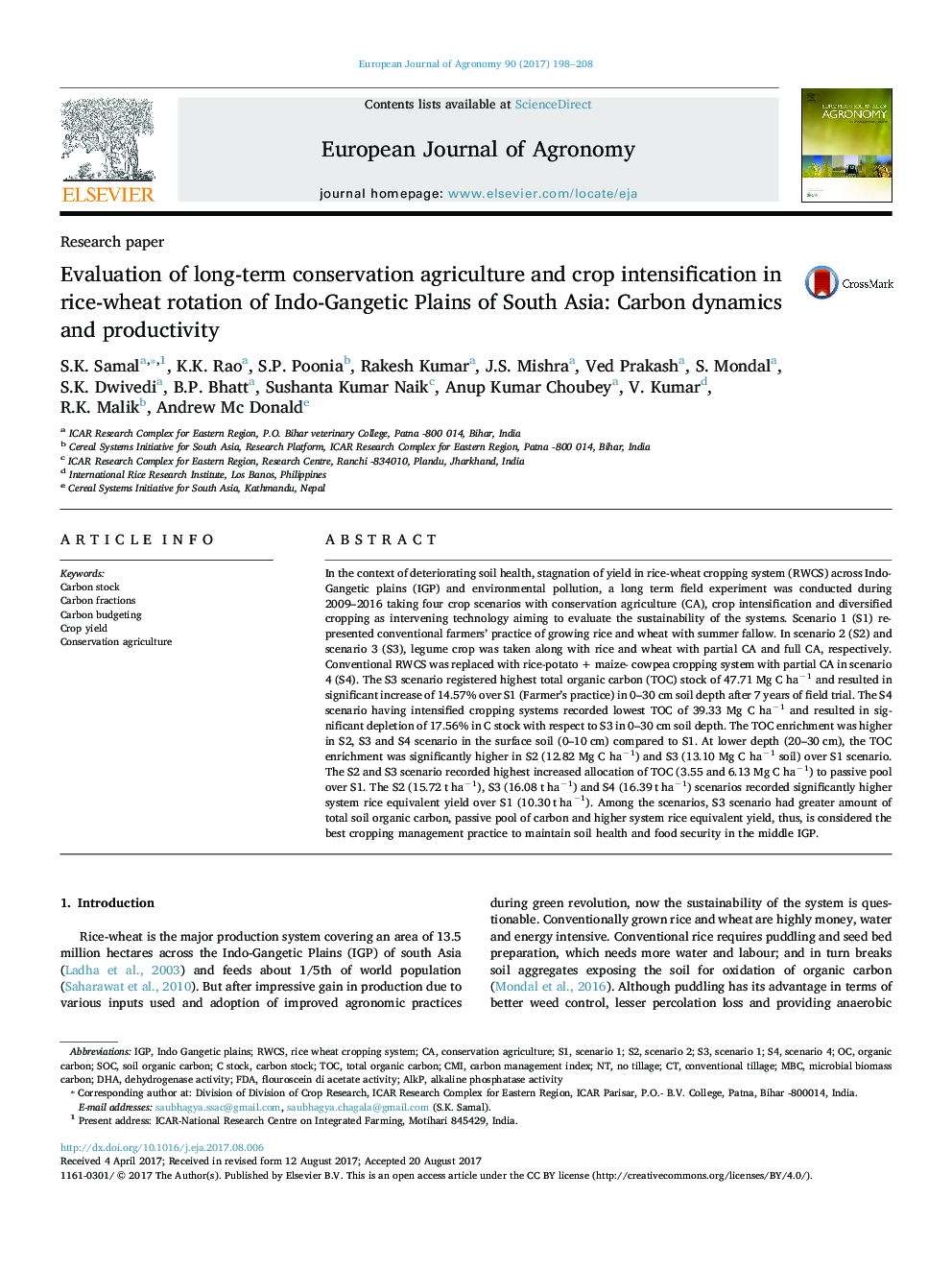 Evaluation of long-term conservation agriculture and crop intensification in rice-wheat rotation of Indo-Gangetic Plains of South Asia: Carbon dynamics and productivity