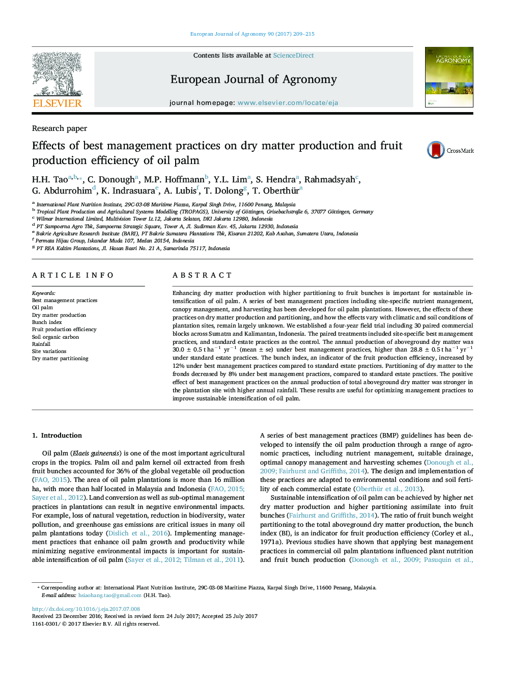 Effects of best management practices on dry matter production and fruit production efficiency of oil palm