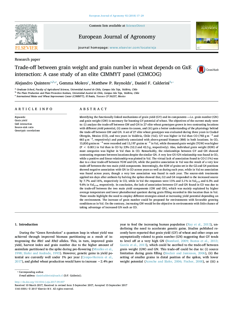 Trade-off between grain weight and grain number in wheat depends on GxE interaction: A case study of an elite CIMMYT panel (CIMCOG)