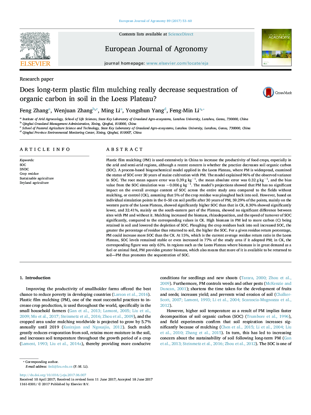 Does long-term plastic film mulching really decrease sequestration of organic carbon in soil in the Loess Plateau?