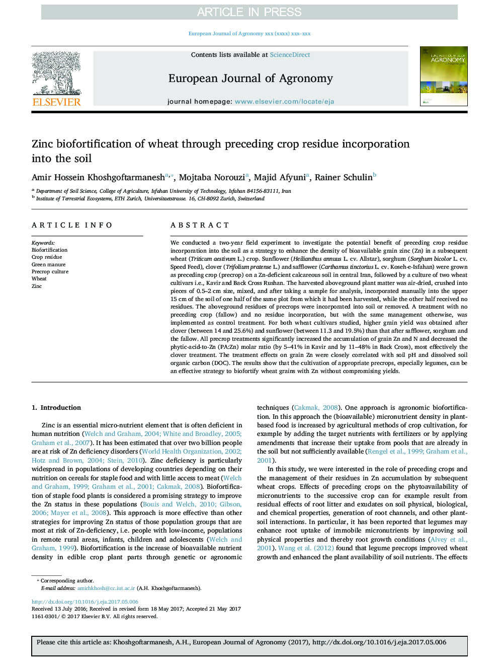 Zinc biofortification of wheat through preceding crop residue incorporation into the soil