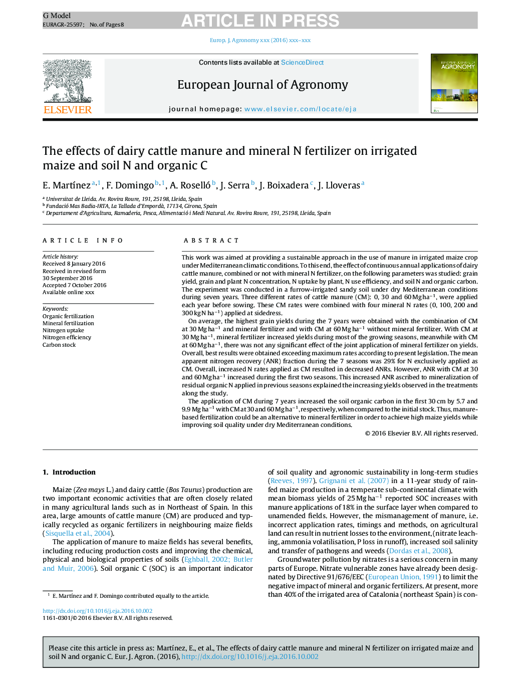 The effects of dairy cattle manure and mineral N fertilizer on irrigated maize and soil N and organic C