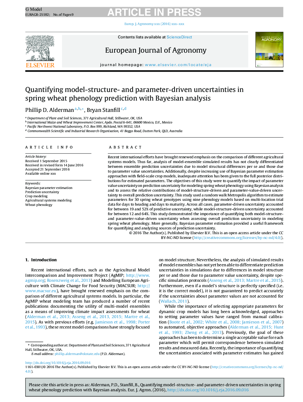 Quantifying model-structure- and parameter-driven uncertainties in spring wheat phenology prediction with Bayesian analysis