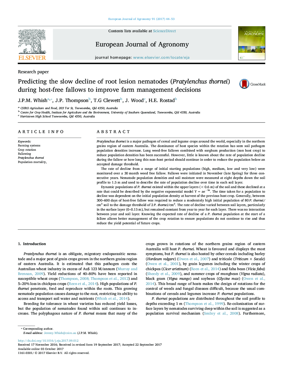 Predicting the slow decline of root lesion nematodes (Pratylenchus thornei) during host-free fallows to improve farm management decisions