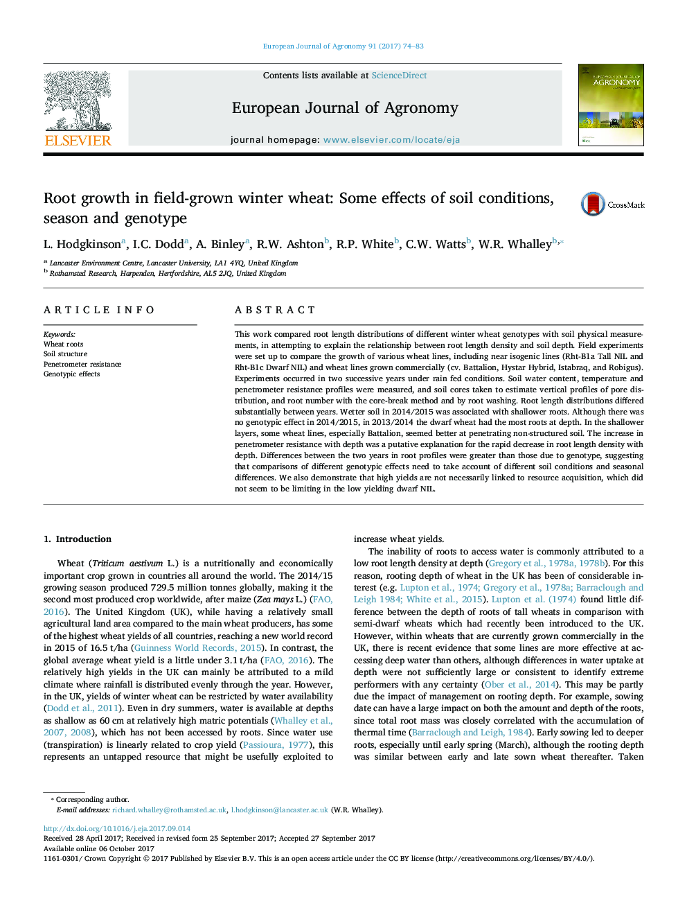 Root growth in field-grown winter wheat: Some effects of soil conditions, season and genotype
