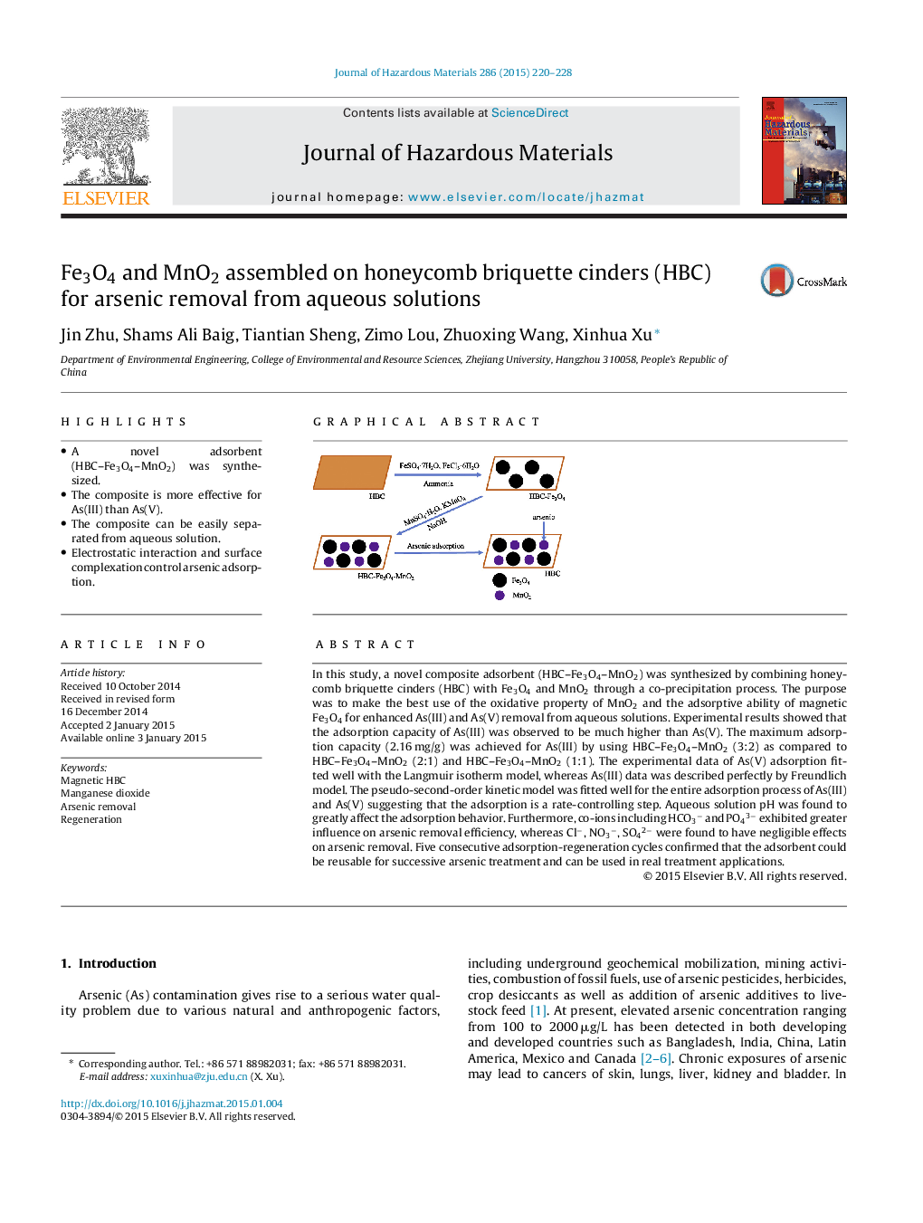 Fe3O4 and MnO2 assembled on honeycomb briquette cinders (HBC) for arsenic removal from aqueous solutions