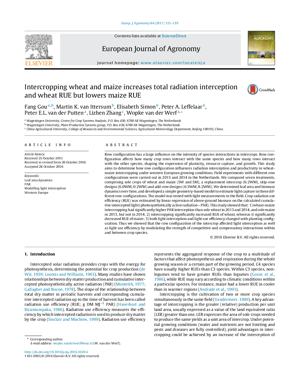 Intercropping wheat and maize increases total radiation interception and wheat RUE but lowers maize RUE