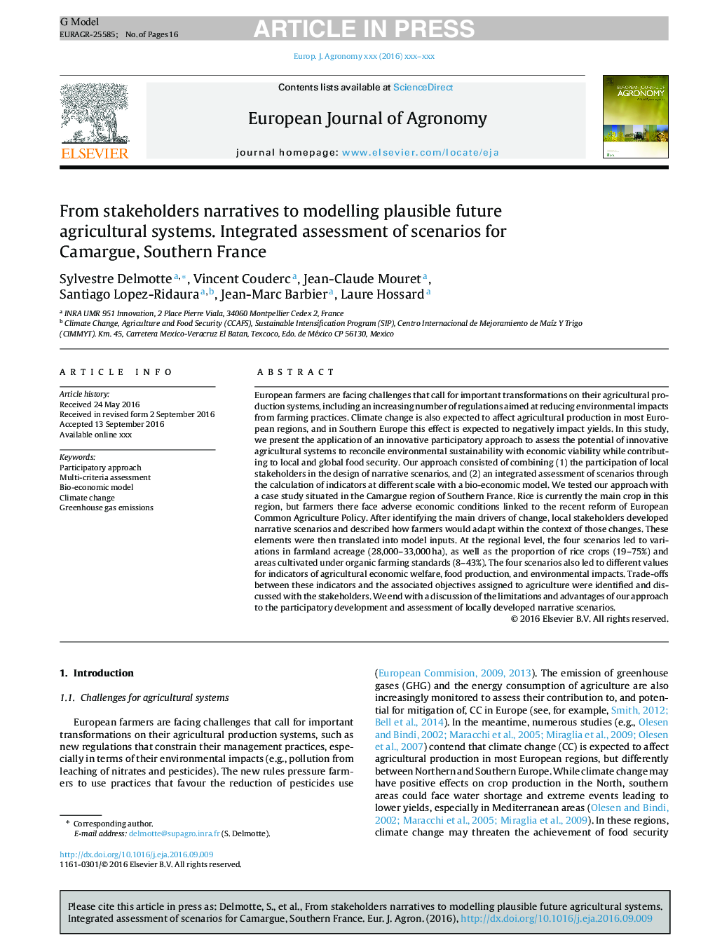 From stakeholders narratives to modelling plausible future agricultural systems. Integrated assessment of scenarios for Camargue, Southern France