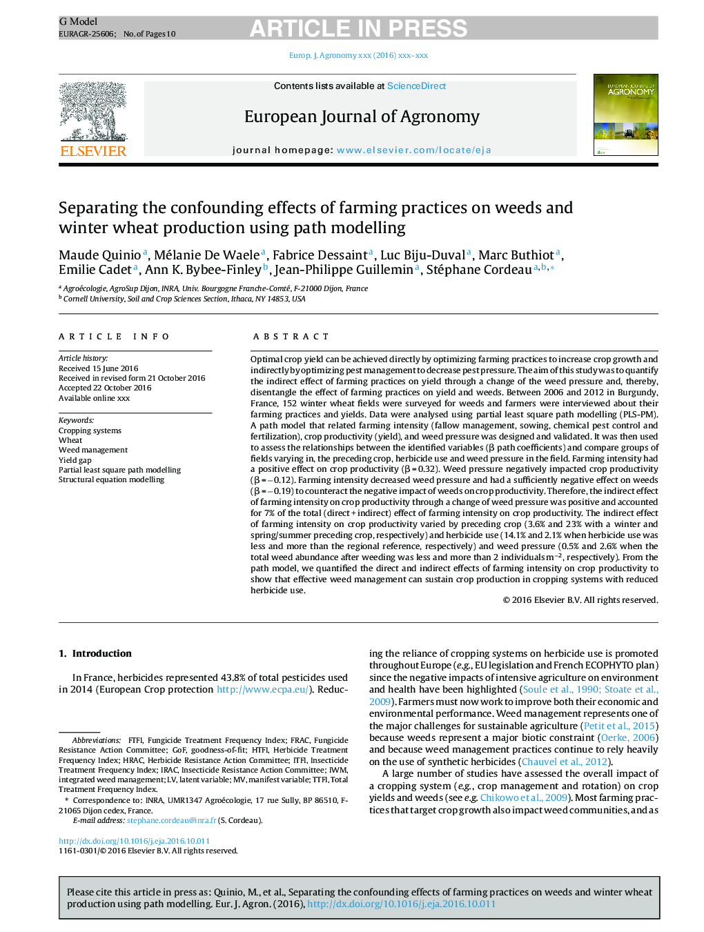 Separating the confounding effects of farming practices on weeds and winter wheat production using path modelling