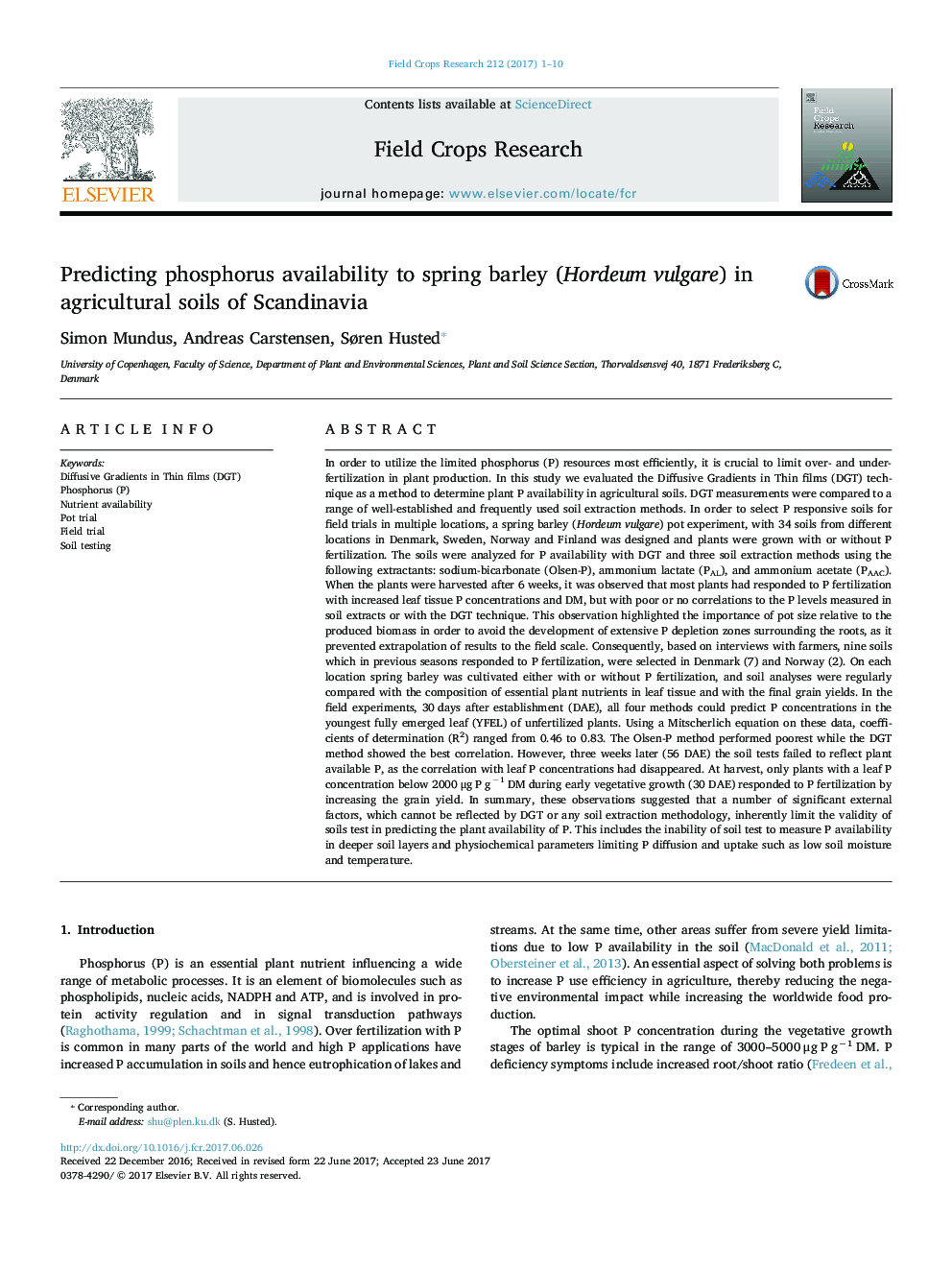 Predicting phosphorus availability to spring barley (Hordeum vulgare) in agricultural soils of Scandinavia