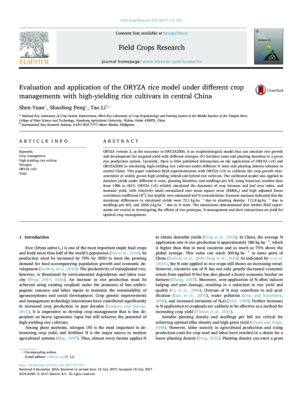 Evaluation and application of the ORYZA rice model under different crop managements with high-yielding rice cultivars in central China