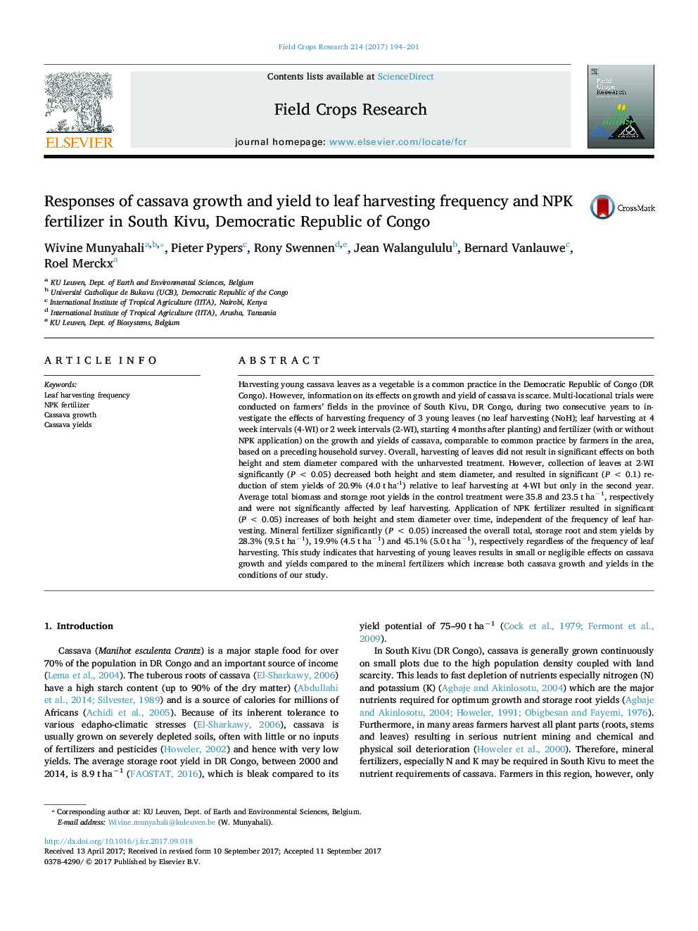 Responses of cassava growth and yield to leaf harvesting frequency and NPK fertilizer in South Kivu, Democratic Republic of Congo