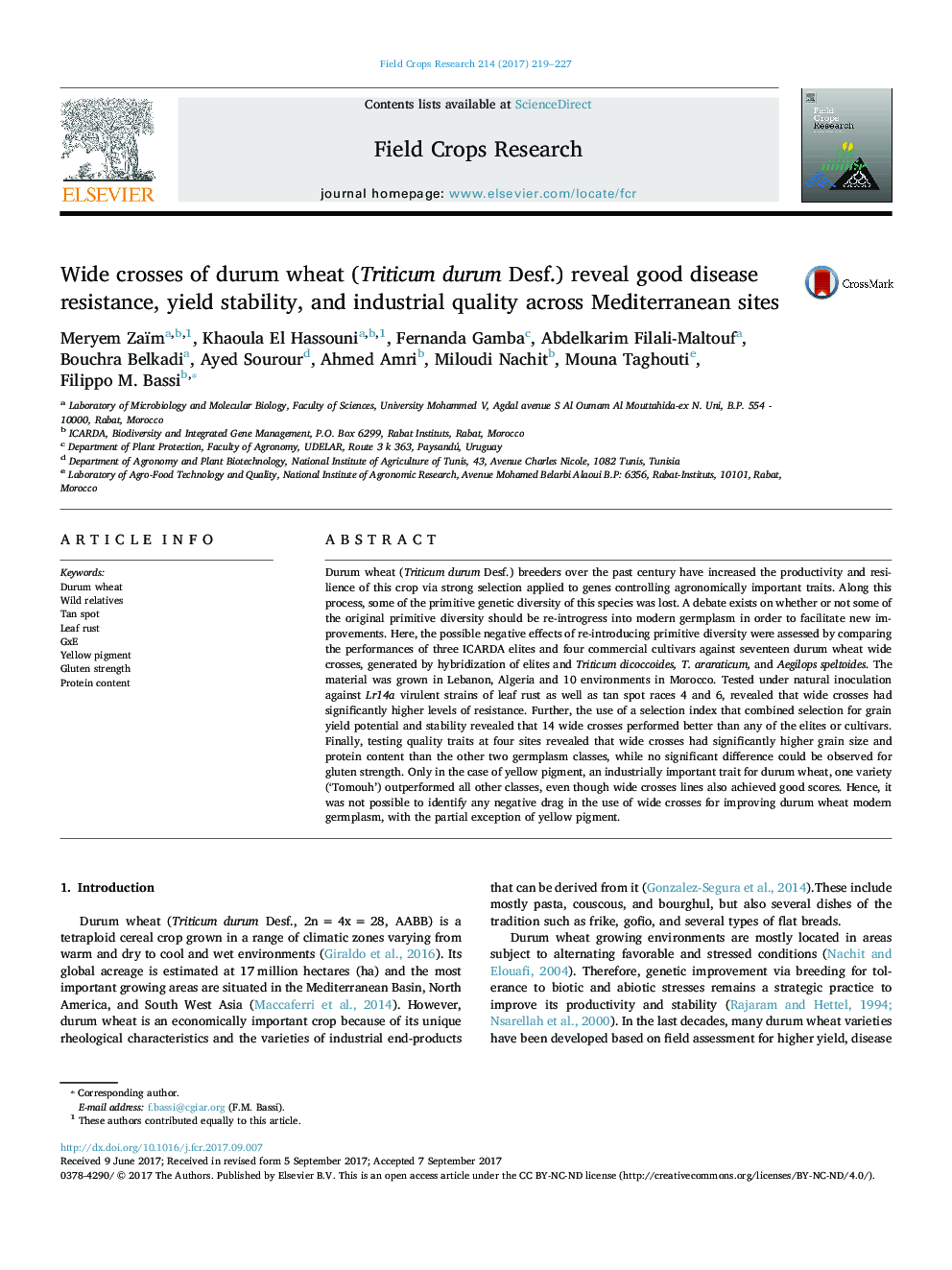 Wide crosses of durum wheat (Triticum durum Desf.) reveal good disease resistance, yield stability, and industrial quality across Mediterranean sites