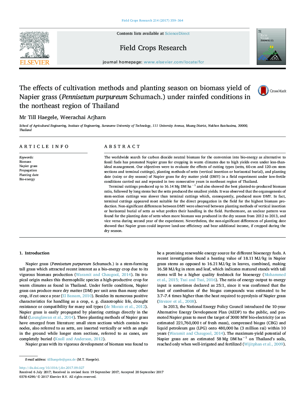 The effects of cultivation methods and planting season on biomass yield of Napier grass (Pennisetum purpureum Schumach.) under rainfed conditions in the northeast region of Thailand