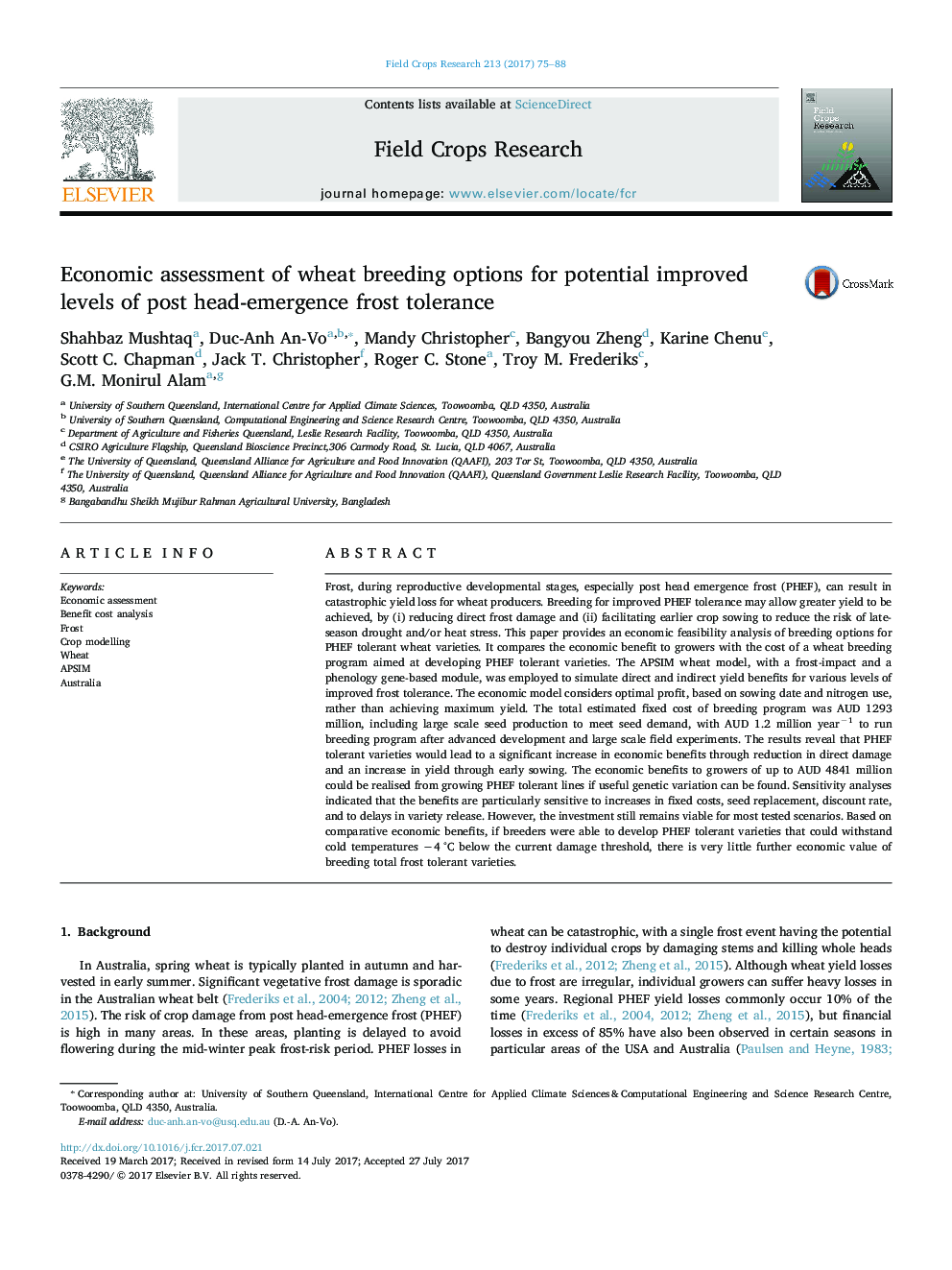 Economic assessment of wheat breeding options for potential improved levels of post head-emergence frost tolerance