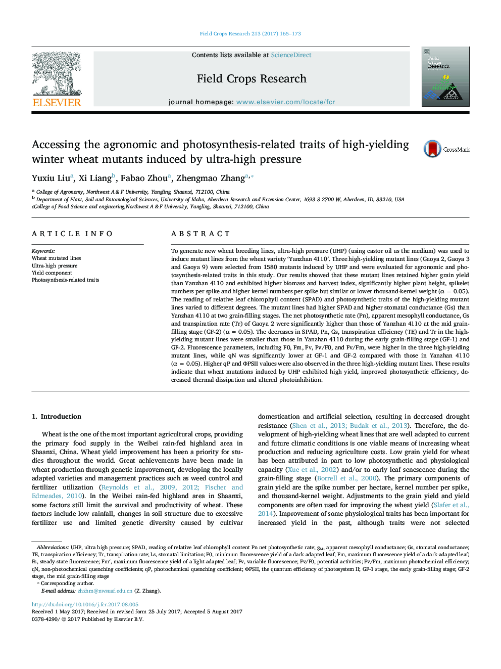 Accessing the agronomic and photosynthesis-related traits of high-yielding winter wheat mutants induced by ultra-high pressure