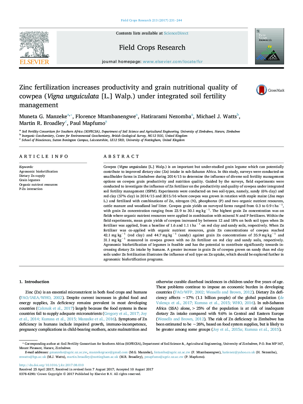 Zinc fertilization increases productivity and grain nutritional quality of cowpea (Vigna unguiculata [L.] Walp.) under integrated soil fertility management