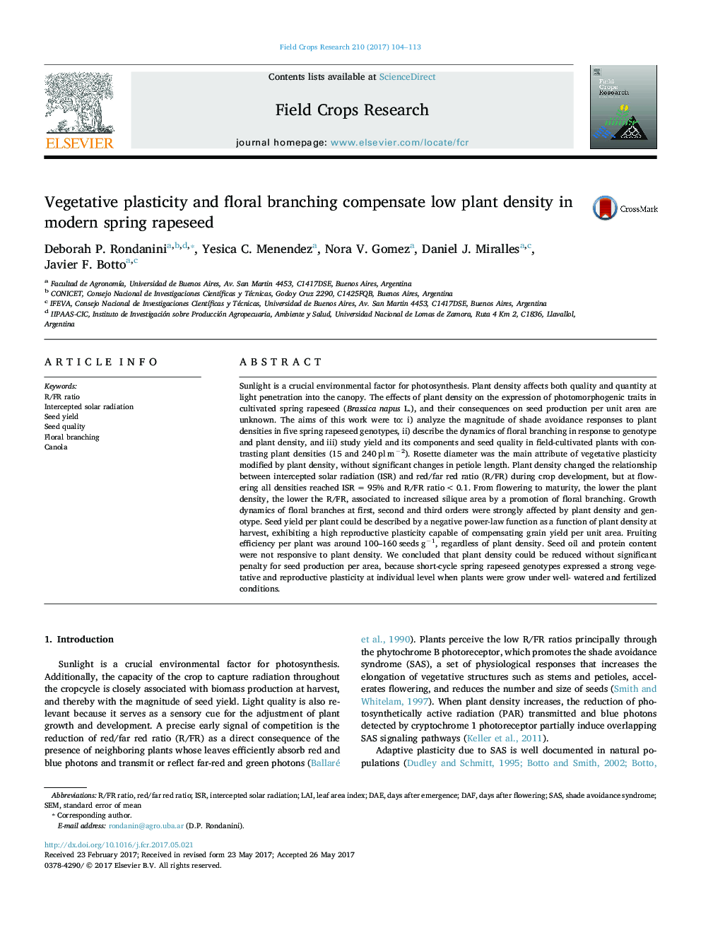 Vegetative plasticity and floral branching compensate low plant density in modern spring rapeseed