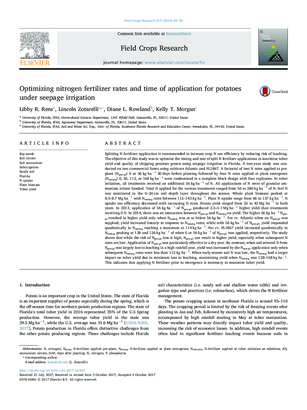 Optimizing nitrogen fertilizer rates and time of application for potatoes under seepage irrigation