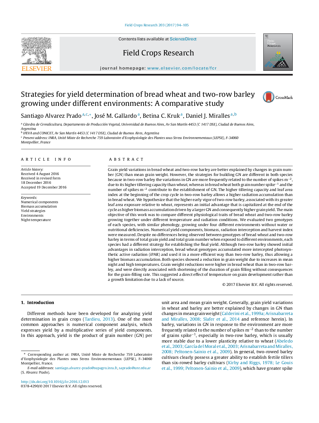 Strategies for yield determination of bread wheat and two-row barley growing under different environments: A comparative study