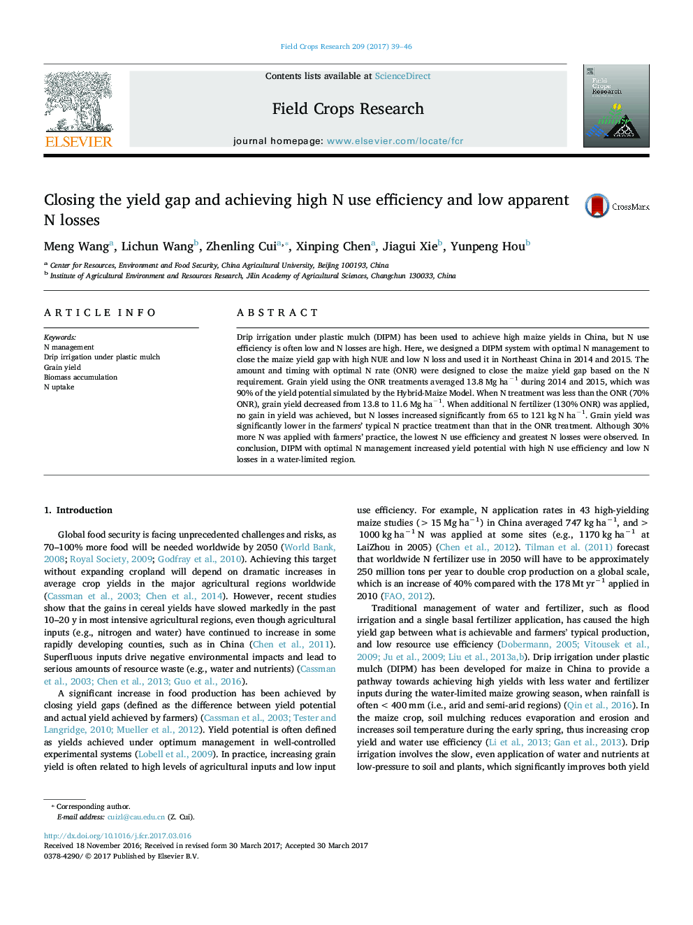 Closing the yield gap and achieving high N use efficiency and low apparent N losses