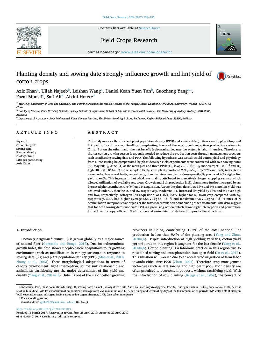 Planting density and sowing date strongly influence growth and lint yield of cotton crops