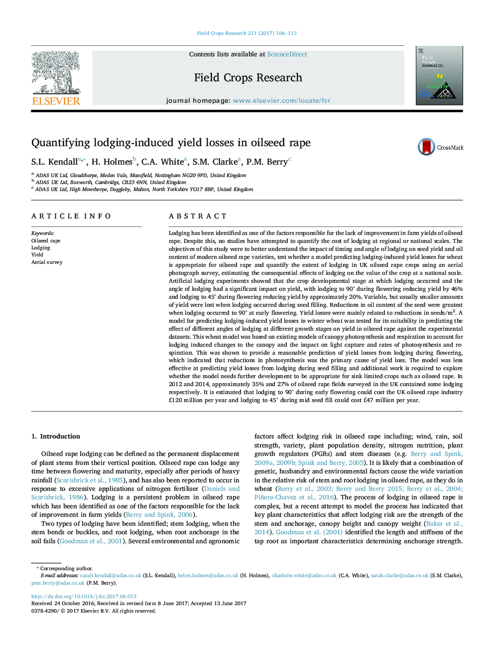 Quantifying lodging-induced yield losses in oilseed rape