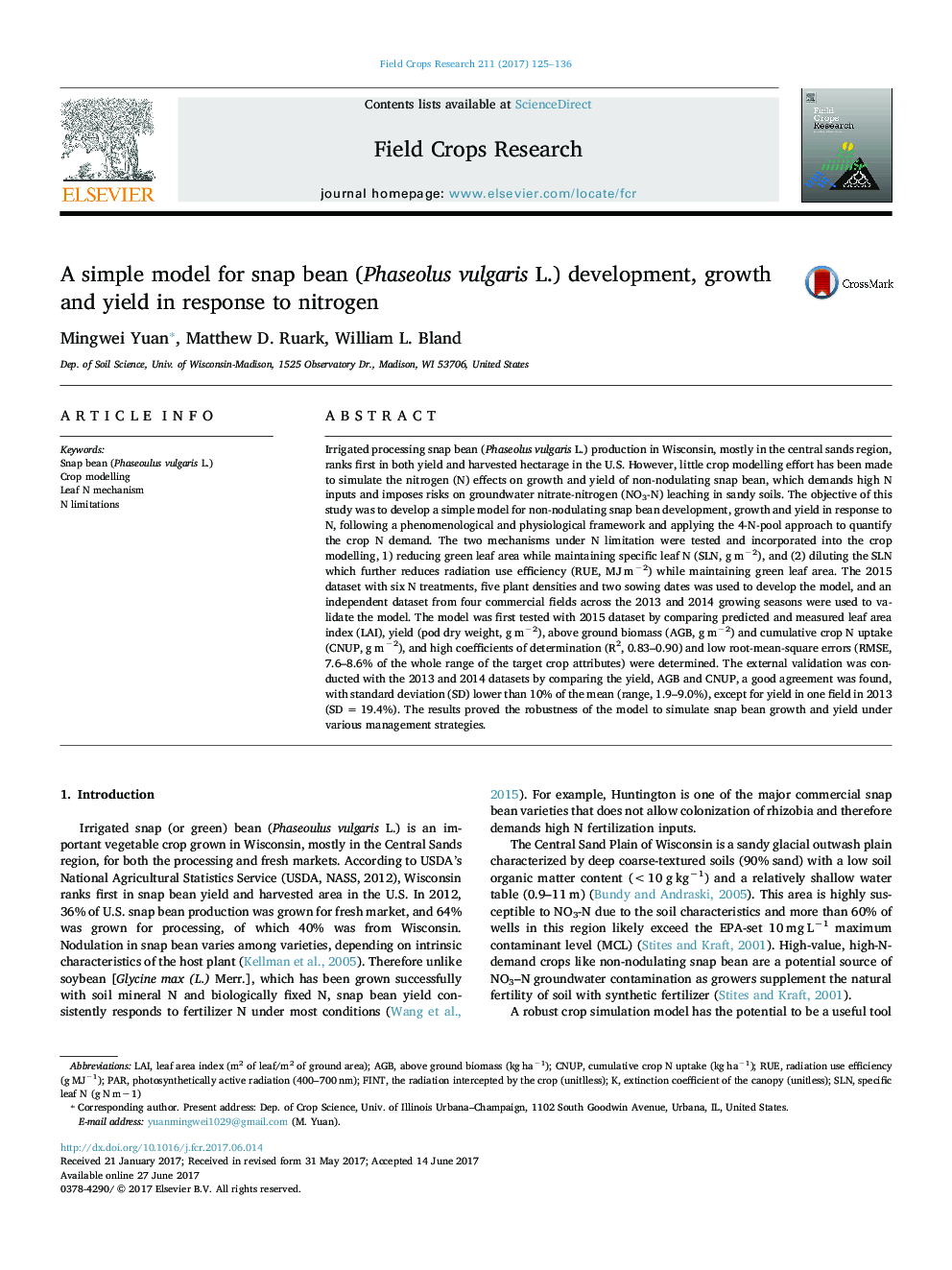 A simple model for snap bean (Phaseolus vulgaris L.) development, growth and yield in response to nitrogen