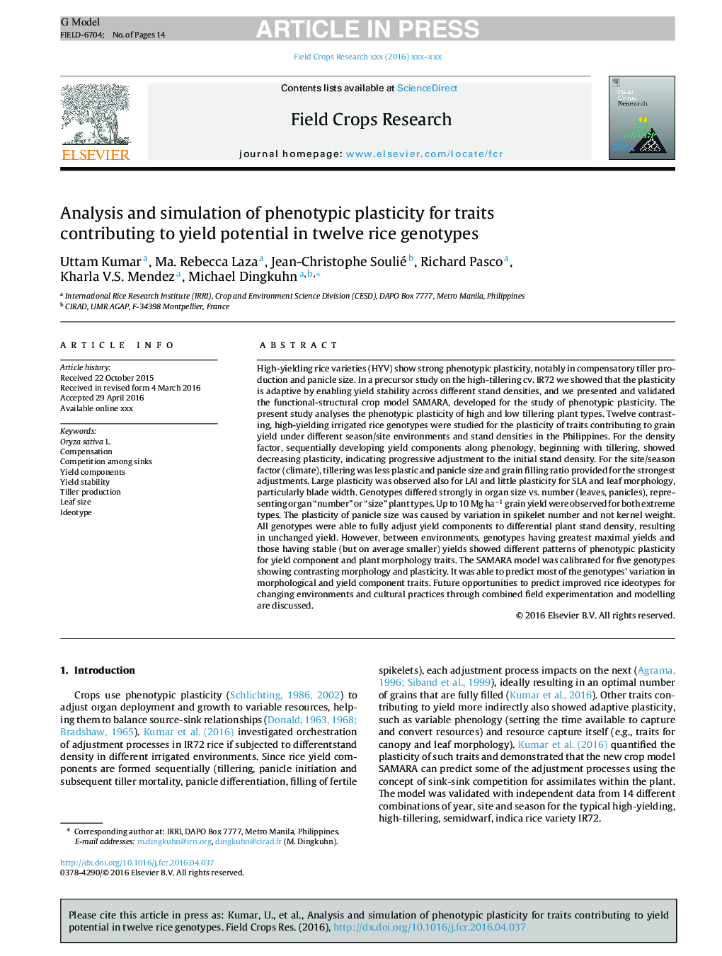 Analysis and simulation of phenotypic plasticity for traits contributing to yield potential in twelve rice genotypes