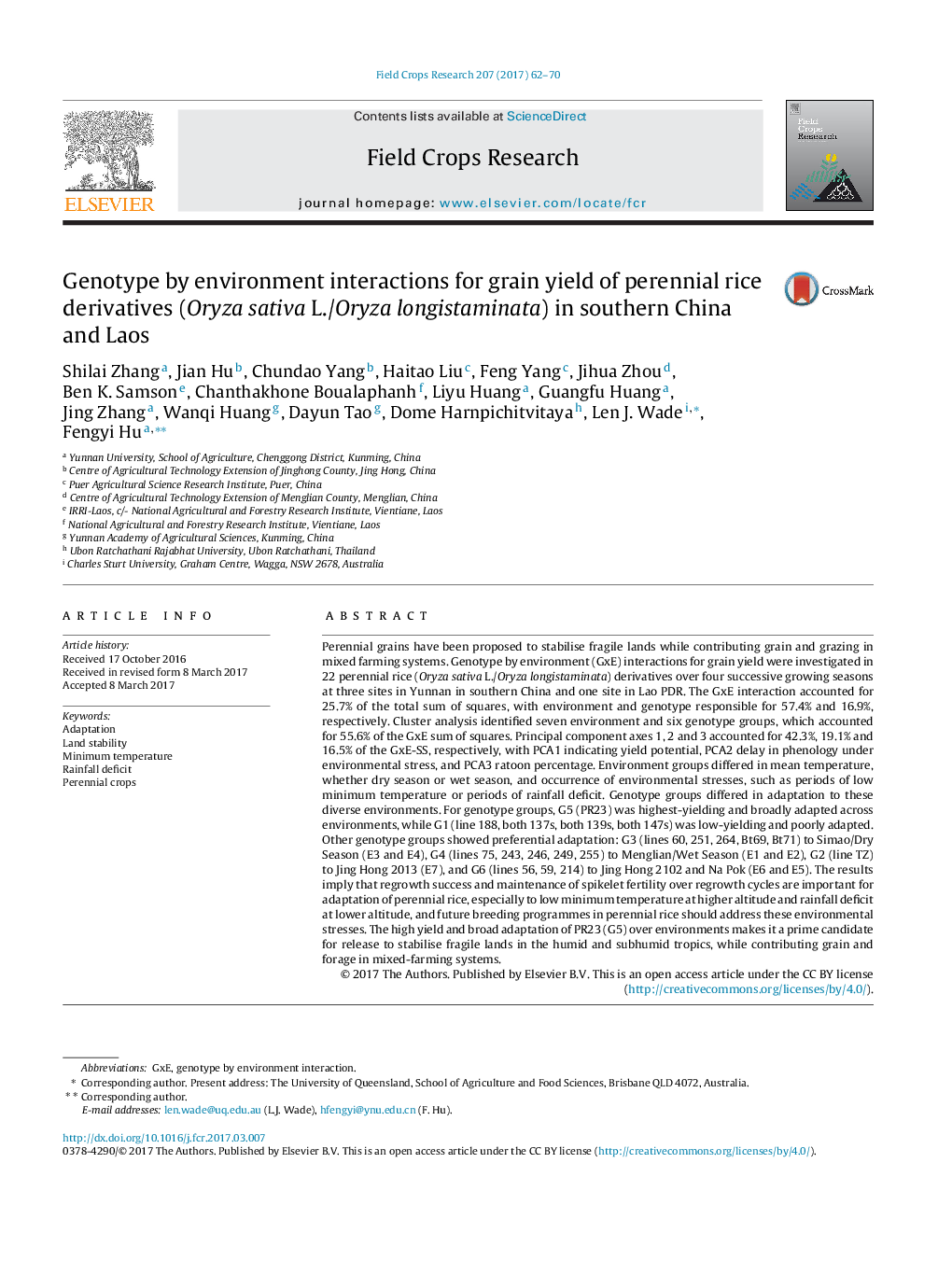 Genotype by environment interactions for grain yield of perennial rice derivatives (Oryza sativa L./Oryza longistaminata) in southern China and Laos