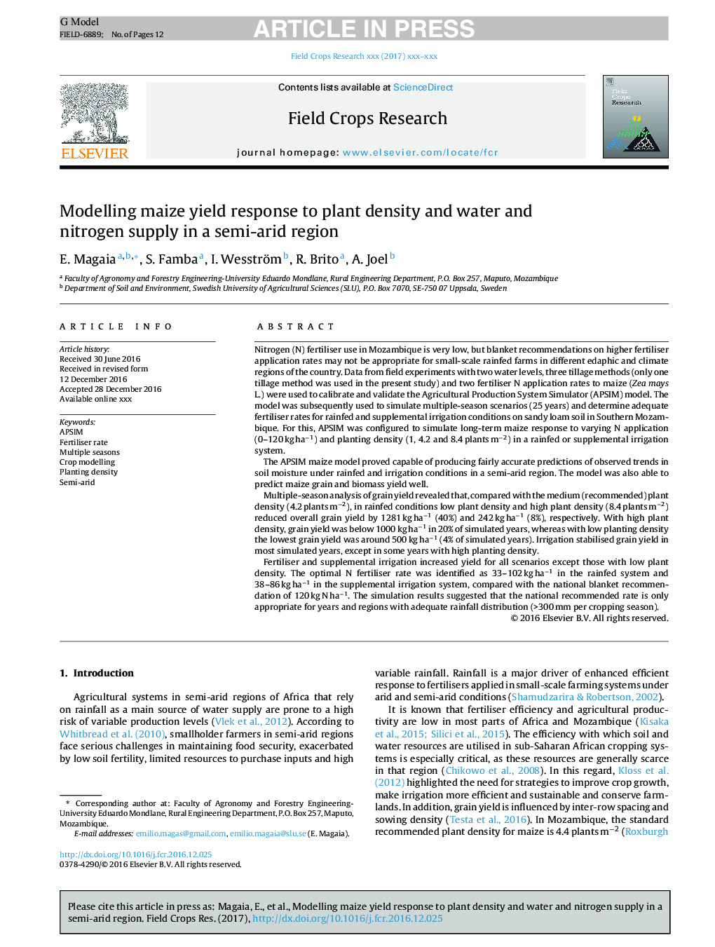 Modelling maize yield response to plant density and water and nitrogen supply in a semi-arid region