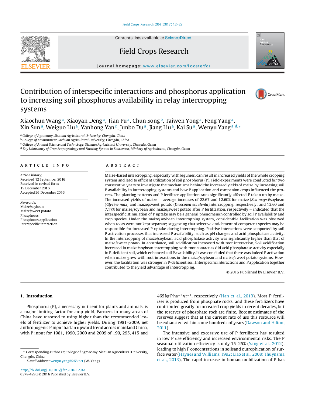 Contribution of interspecific interactions and phosphorus application to increasing soil phosphorus availability in relay intercropping systems