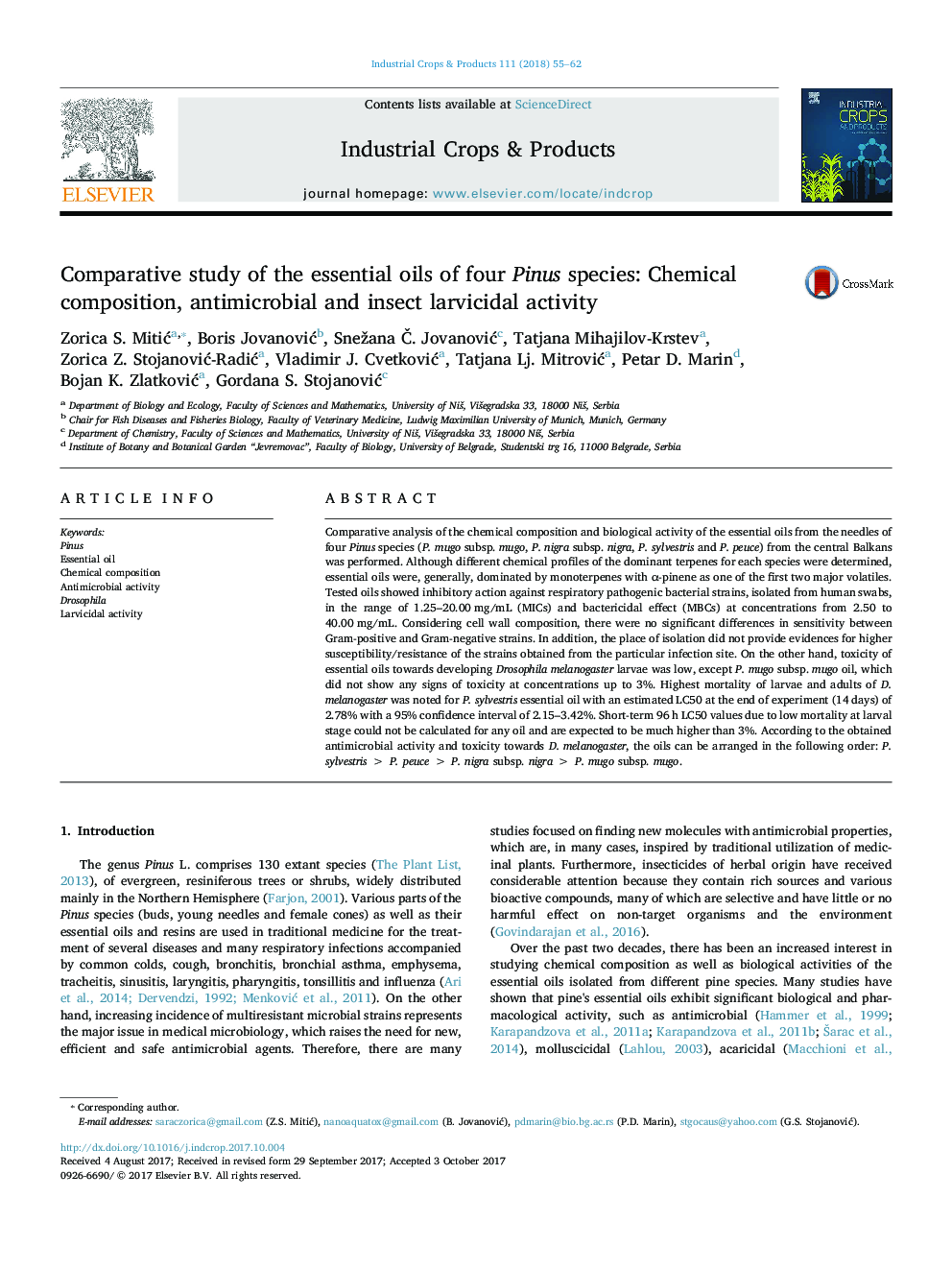 Comparative study of the essential oils of four Pinus species: Chemical composition, antimicrobial and insect larvicidal activity