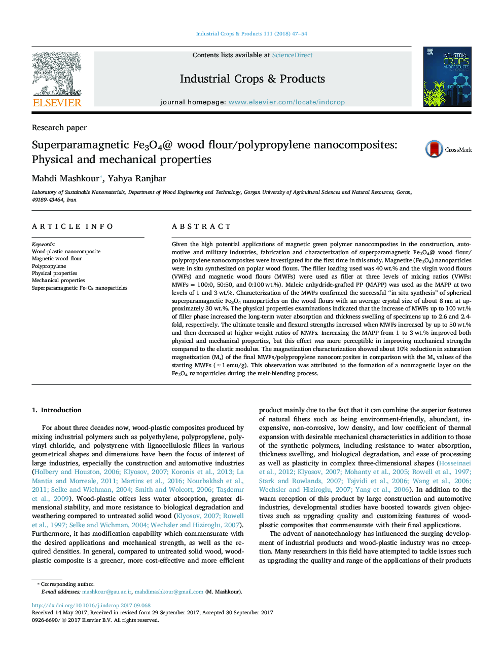 Superparamagnetic Fe3O4@ wood flour/polypropylene nanocomposites: Physical and mechanical properties