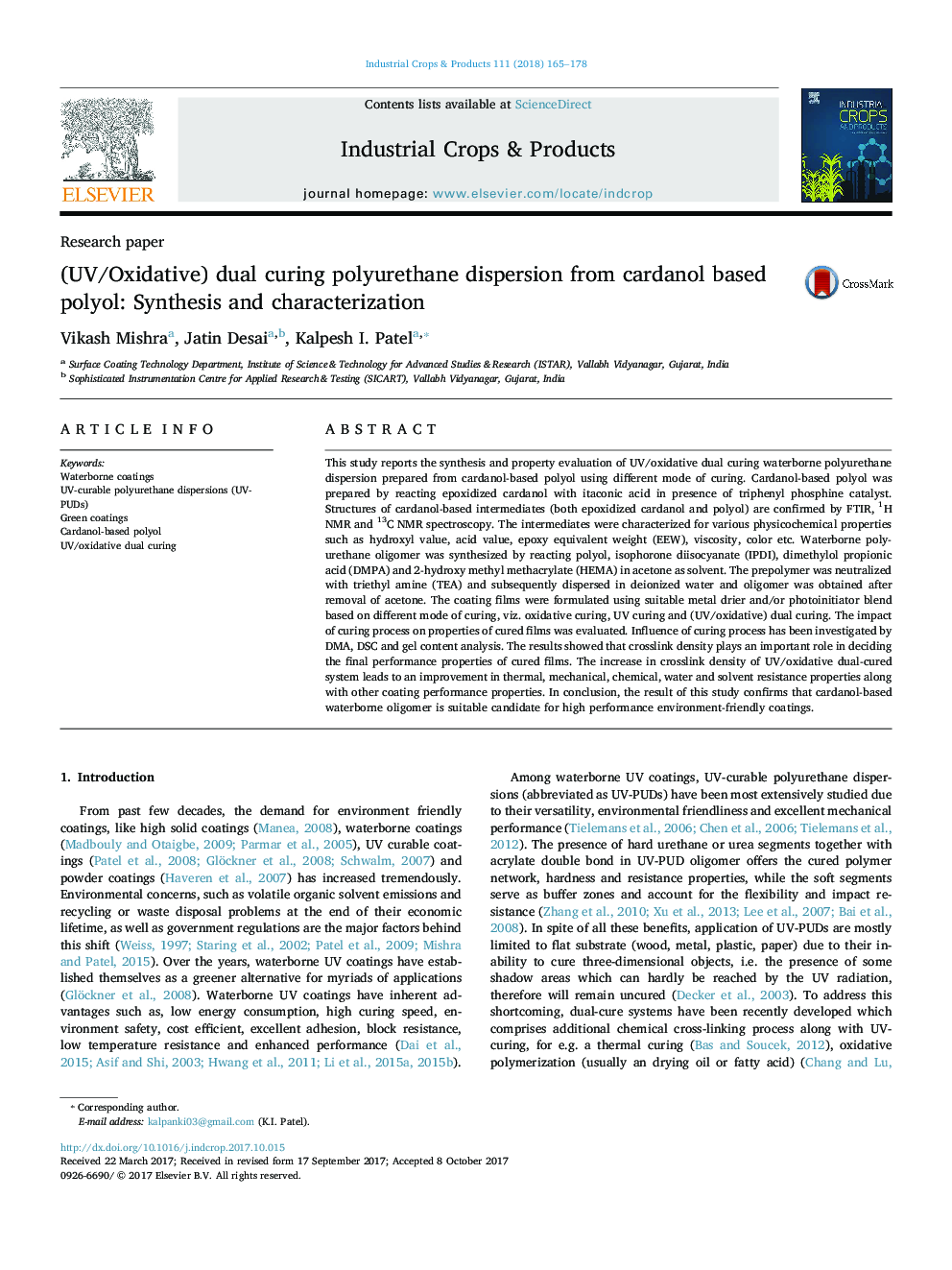 (UV/Oxidative) dual curing polyurethane dispersion from cardanol based polyol: Synthesis and characterization