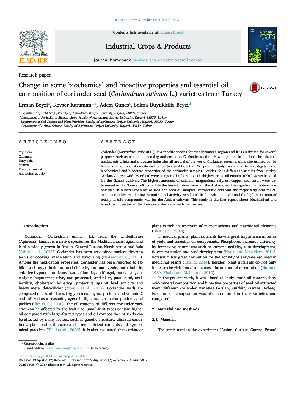 Change in some biochemical and bioactive properties and essential oil composition of coriander seed (Coriandrum sativum L.) varieties from Turkey