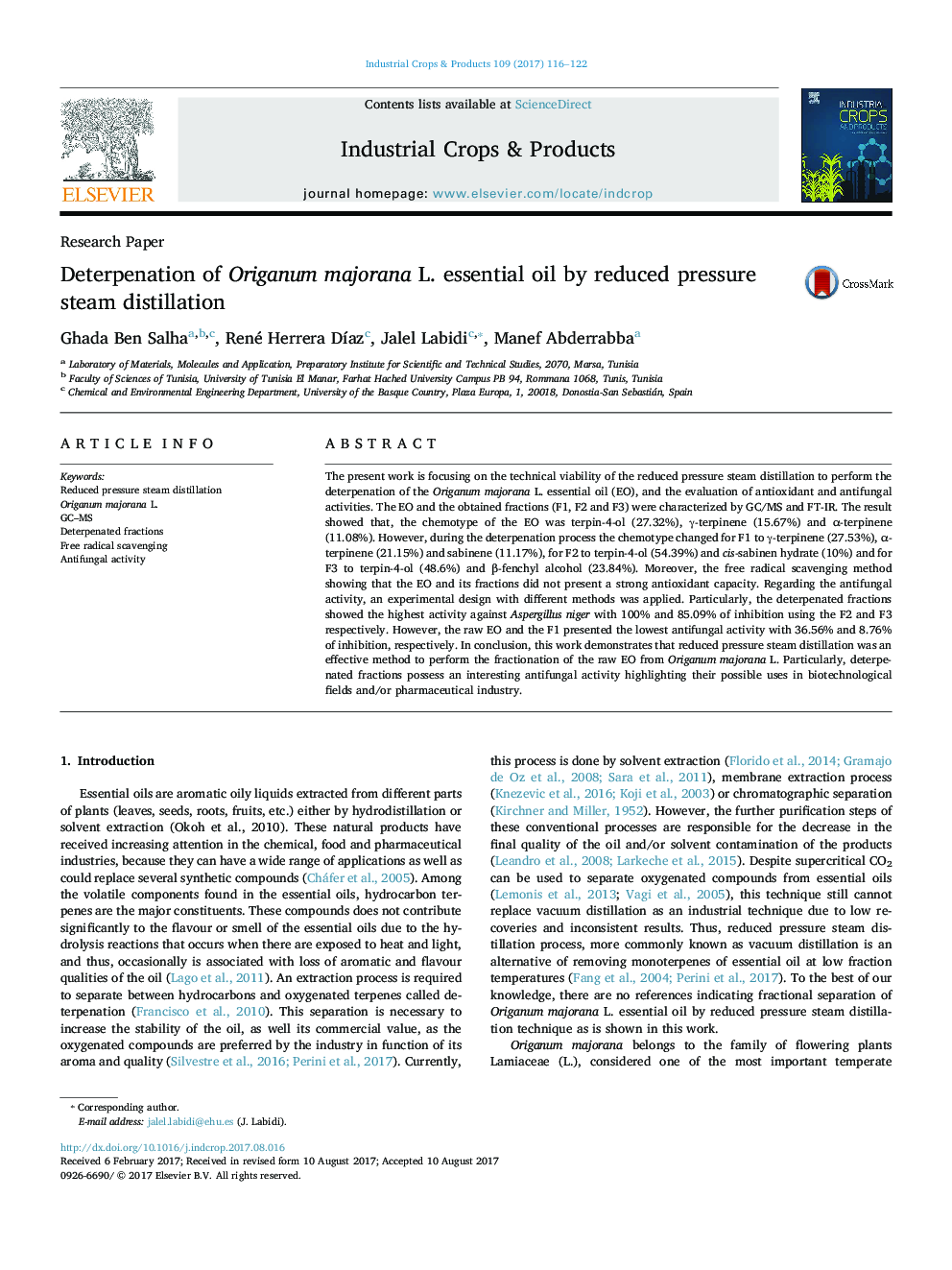 Deterpenation of Origanum majorana L. essential oil by reduced pressure steam distillation