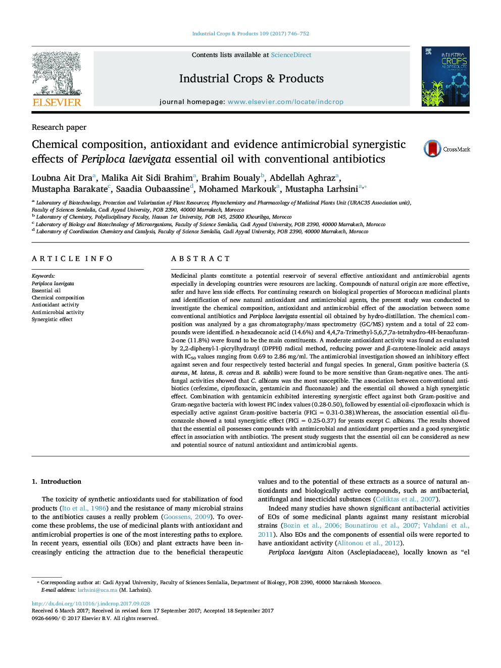 Chemical composition, antioxidant and evidence antimicrobial synergistic effects of Periploca laevigata essential oil with conventional antibiotics