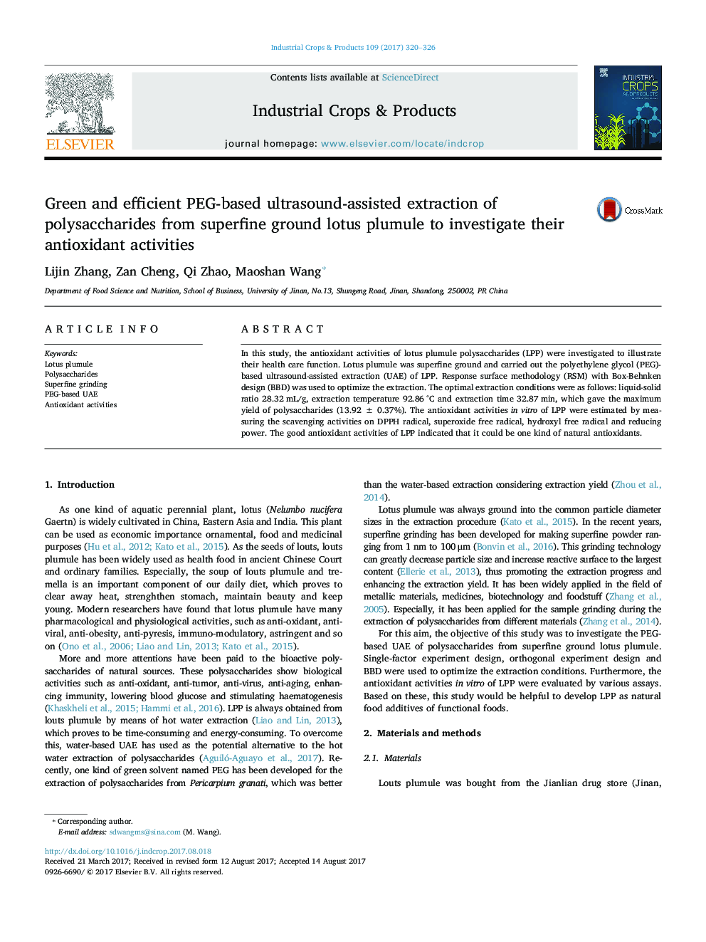 Green and efficient PEG-based ultrasound-assisted extraction of polysaccharides from superfine ground lotus plumule to investigate their antioxidant activities