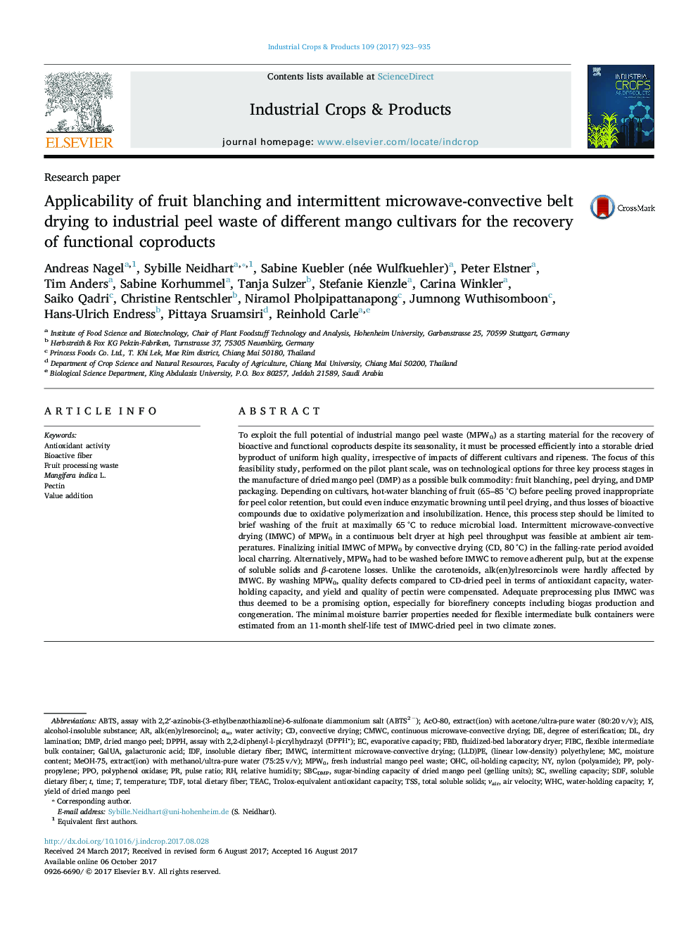 Applicability of fruit blanching and intermittent microwave-convective belt drying to industrial peel waste of different mango cultivars for the recovery of functional coproducts