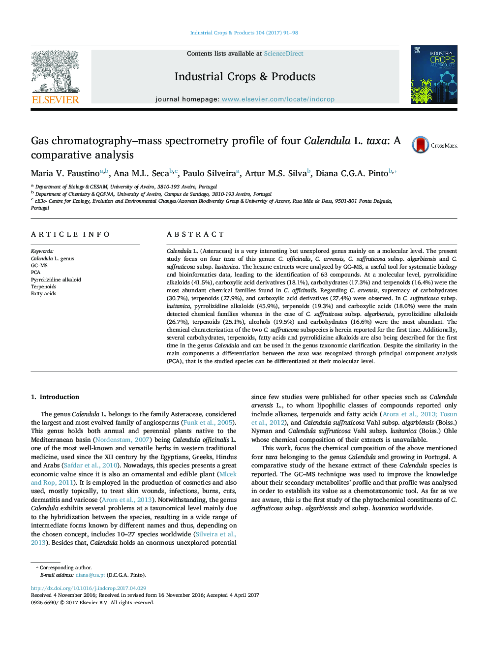 Gas chromatography-mass spectrometry profile of four Calendula L. taxa: A comparative analysis